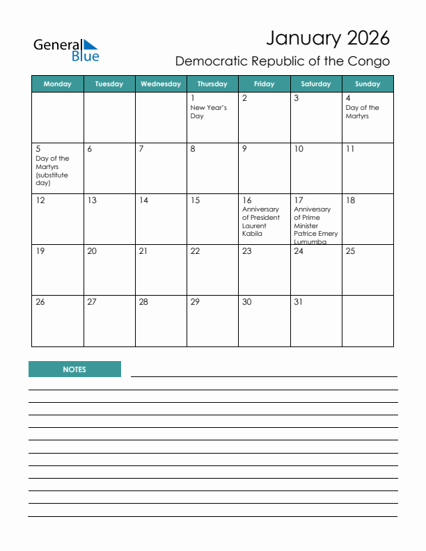 Calendar with Notes Printable - Monday Start