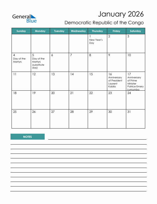 Calendar with Notes Printable - Sunday Start