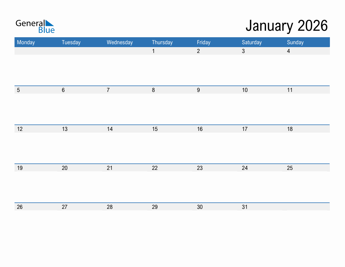 Editable Calendar Template for January 2026 - Monday Start
