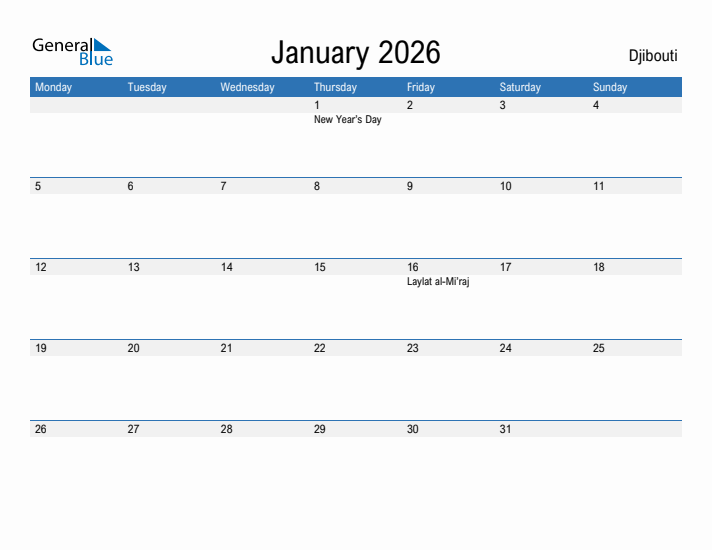 Fillable January 2026 Calendar