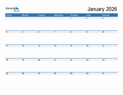 Current month calendar January 2026