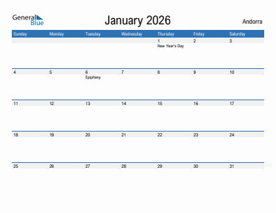 Current month calendar with Andorra holidays for January 2026