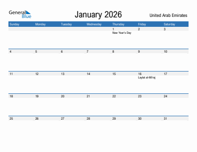 Current month calendar with United Arab Emirates holidays for January 2026