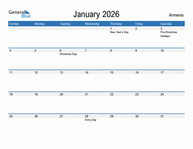 Current month calendar with Armenia holidays for January 2026