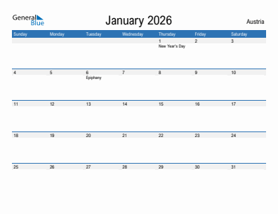 Current month calendar with Austria holidays for January 2026