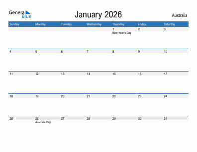 Current month calendar with Australia holidays for January 2026