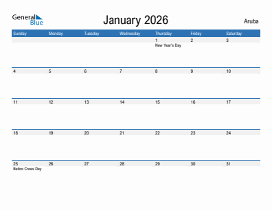 Current month calendar with Aruba holidays for January 2026