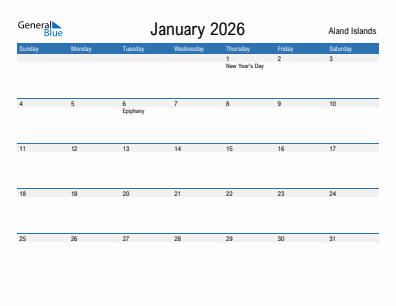 Current month calendar with Aland Islands holidays for January 2026