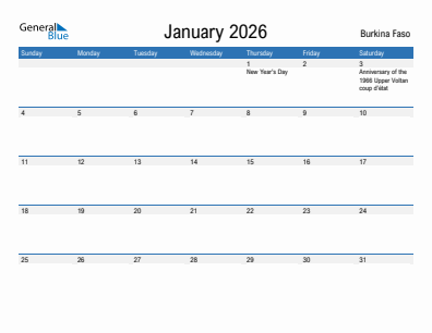 Current month calendar with Burkina Faso holidays for January 2026