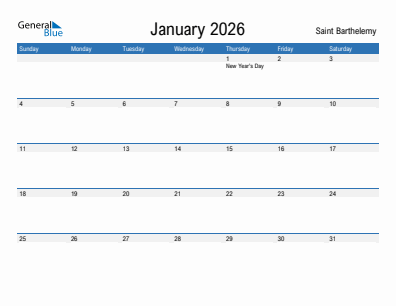 Current month calendar with Saint Barthelemy holidays for January 2026