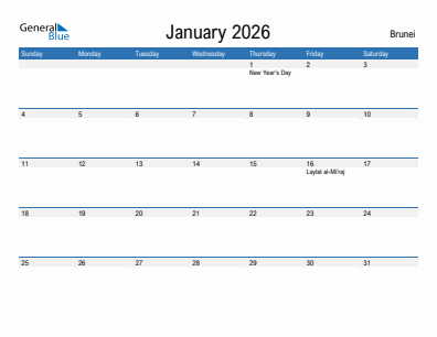 Current month calendar with Brunei holidays for January 2026