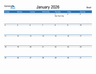 Current month calendar with Brazil holidays for January 2026