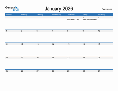 Current month calendar with Botswana holidays for January 2026