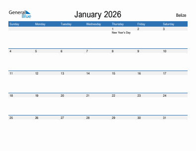 Current month calendar with Belize holidays for January 2026