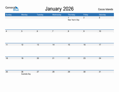 Current month calendar with Cocos Islands holidays for January 2026