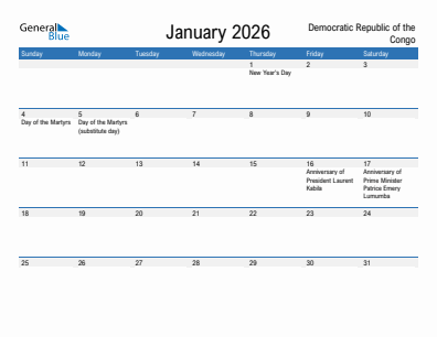 Current month calendar with Democratic Republic of the Congo holidays for January 2026