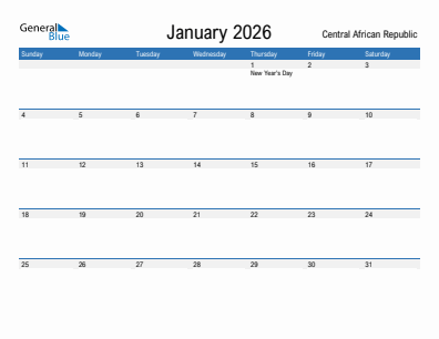 Current month calendar with Central African Republic holidays for January 2026