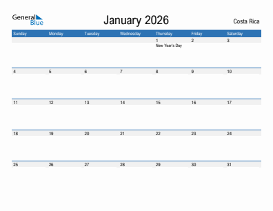 Current month calendar with Costa Rica holidays for January 2026