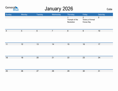 Current month calendar with Cuba holidays for January 2026