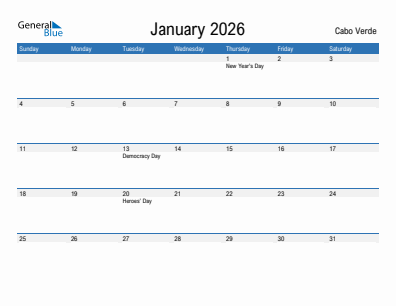Current month calendar with Cabo Verde holidays for January 2026