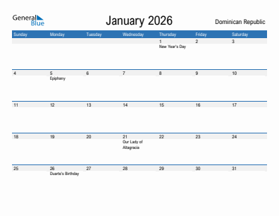Current month calendar with Dominican Republic holidays for January 2026