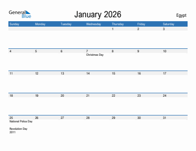 Current month calendar with Egypt holidays for January 2026