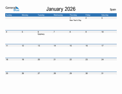 Current month calendar with Spain holidays for January 2026