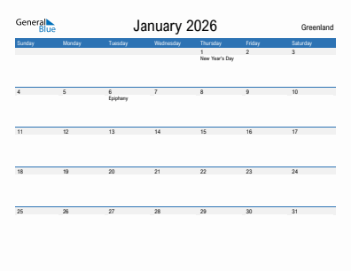 Current month calendar with Greenland holidays for January 2026
