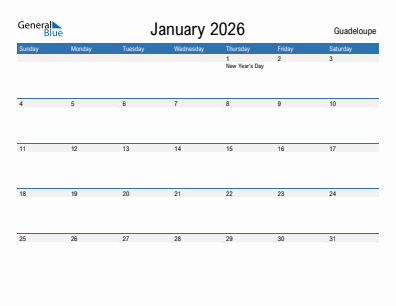 Current month calendar with Guadeloupe holidays for January 2026