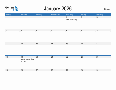 Current month calendar with Guam holidays for January 2026