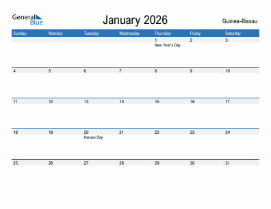 Current month calendar with Guinea-Bissau holidays for January 2026