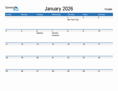 Current month calendar with Croatia holidays for January 2026