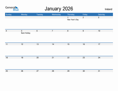 Current month calendar with Ireland holidays for January 2026