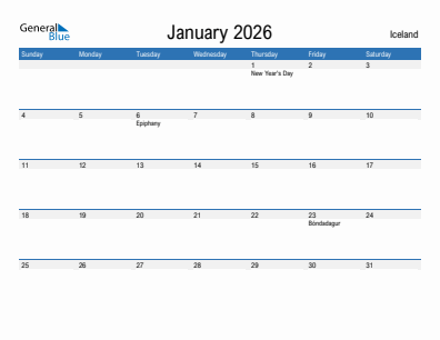 Current month calendar with Iceland holidays for January 2026