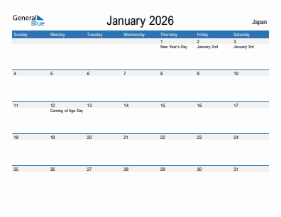 Current month calendar with Japan holidays for January 2026