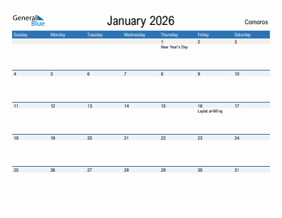 Current month calendar with Comoros holidays for January 2026