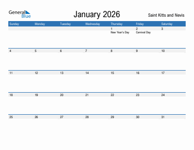 Current month calendar with Saint Kitts and Nevis holidays for January 2026