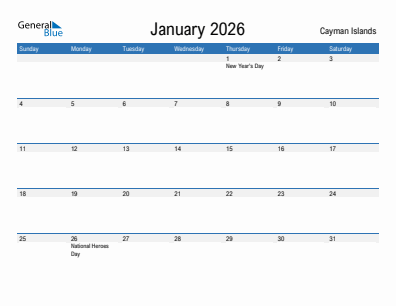 Current month calendar with Cayman Islands holidays for January 2026