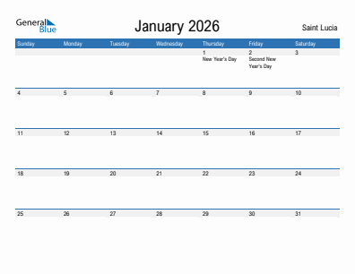 Current month calendar with Saint Lucia holidays for January 2026