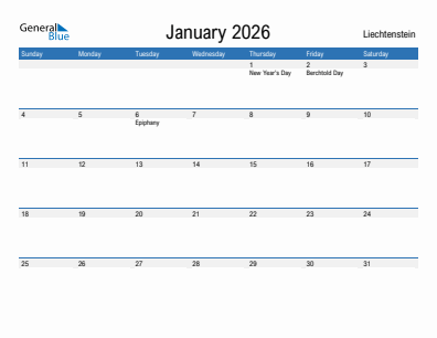 Current month calendar with Liechtenstein holidays for January 2026