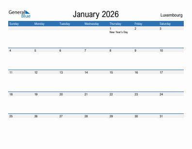 Current month calendar with Luxembourg holidays for January 2026