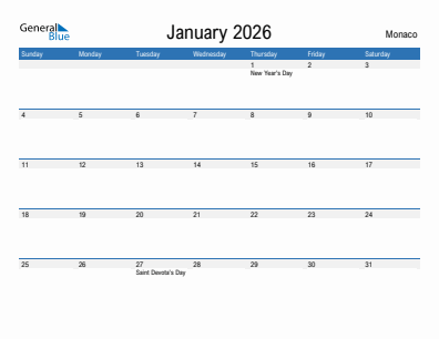 Current month calendar with Monaco holidays for January 2026