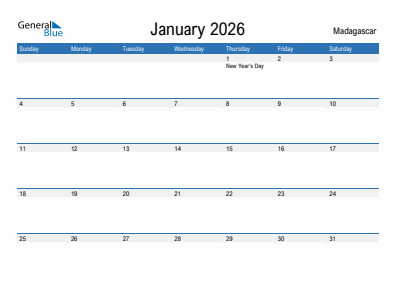Current month calendar with Madagascar holidays for January 2026
