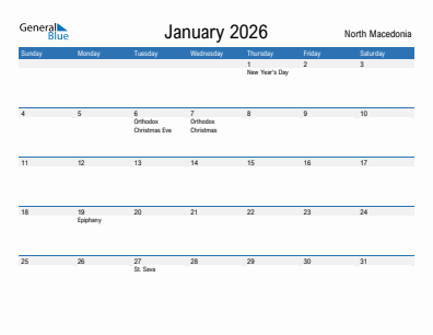 Current month calendar with North Macedonia holidays for January 2026