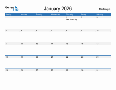 Current month calendar with Martinique holidays for January 2026
