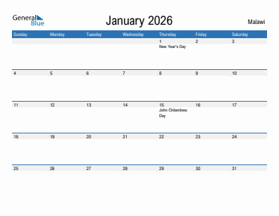 Current month calendar with Malawi holidays for January 2026