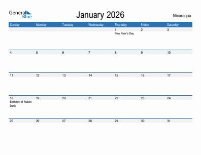 Current month calendar with Nicaragua holidays for January 2026