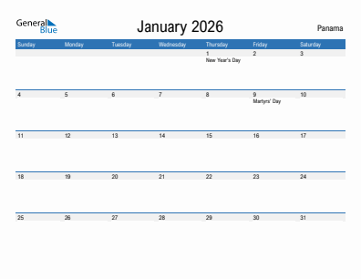 Current month calendar with Panama holidays for January 2026