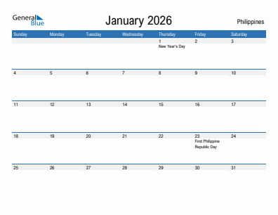 Current month calendar with Philippines holidays for January 2026