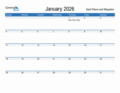 Current month calendar with Saint Pierre and Miquelon holidays for January 2026
